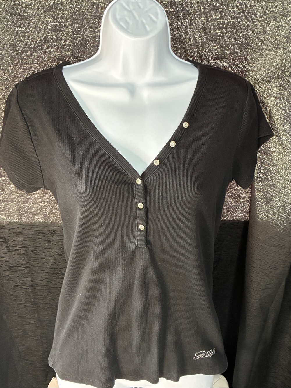 Guess Black Ribbed V-Neck Short Sleeve Top with Button Placket